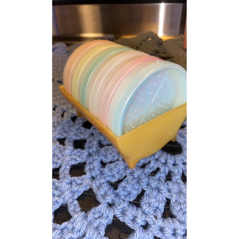 Vintage Set of Tupperware Wagon wheel Coasters w/storage Tray‎ Pastel Colors
